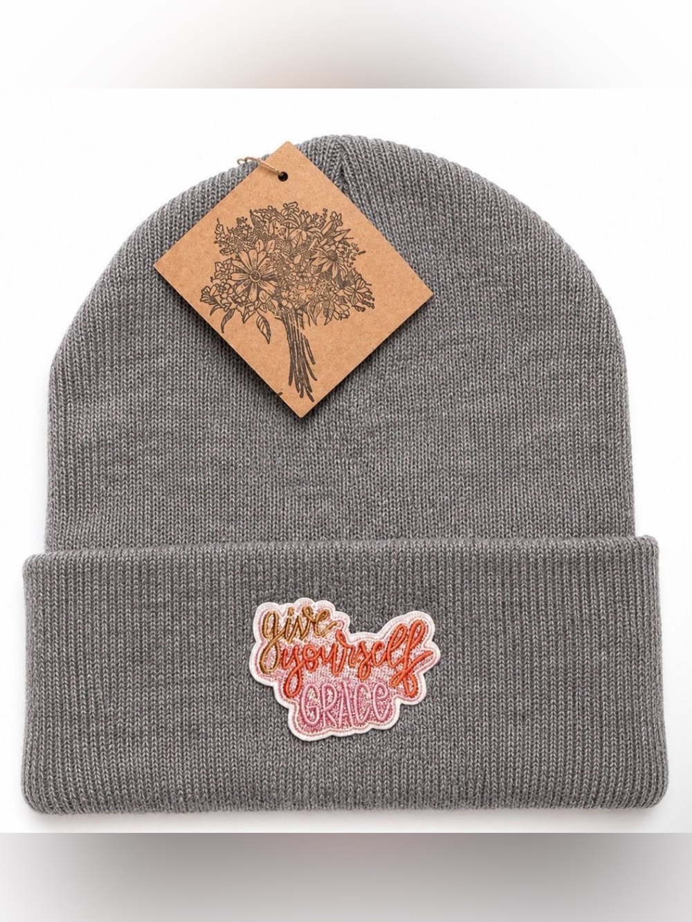 Gray Knit Beanie with 'Give Yourself Grace' Patch